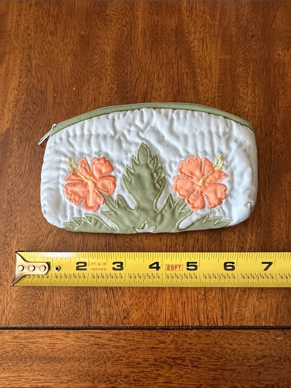 Floral Embroidered Cosmetic Pouch - Cream & Green with Coral Flowers